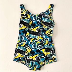 Vintage 1960s Blue & Yellow Abstract Piece Swimsuit